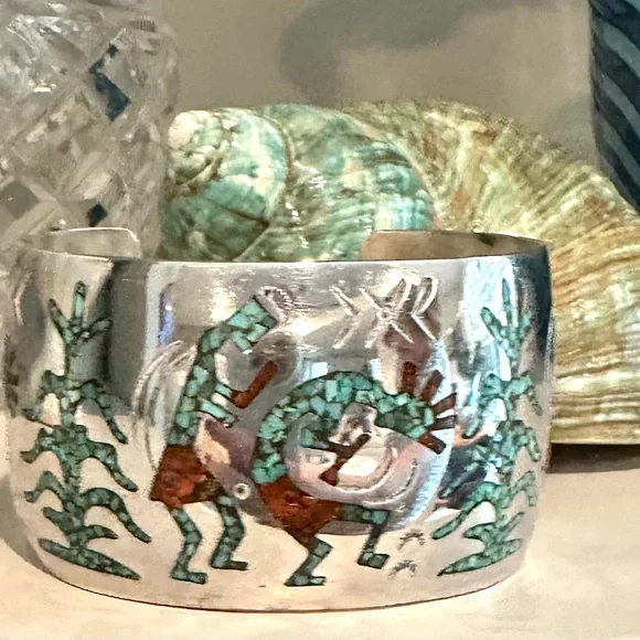 HMIJ Sterling Silver Native American Navajo Bracelet Turquoise,Coral Handcrafted - Picture 2 of 10